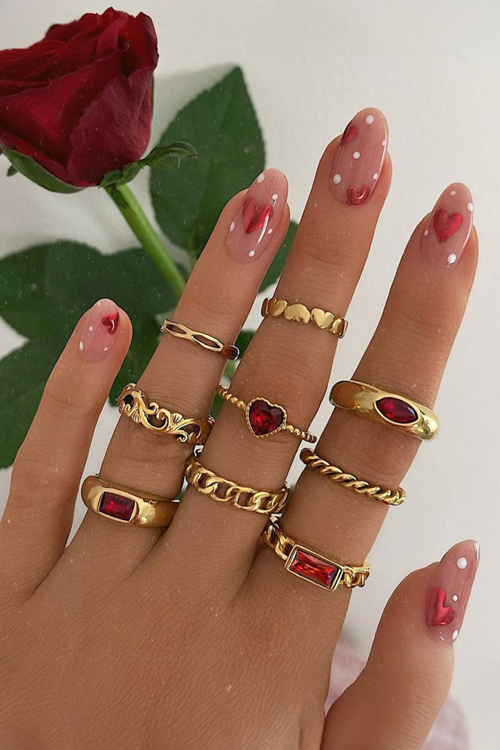 Fiery Red Faux Gem Inlay Heart Shape Alloy Ring Set Jewelry JT's Designer Fashion