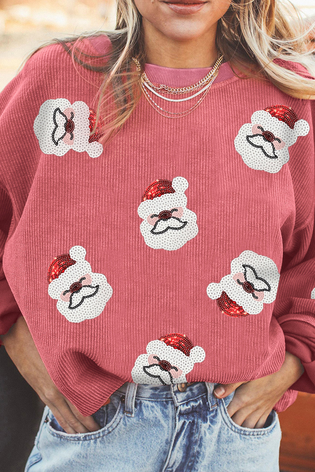 Strawberry Pink Sequin Santa Clause Christmas Corded Sweatshirt Strawberry Pink 100%Polyester Graphic Sweatshirts JT's Designer Fashion