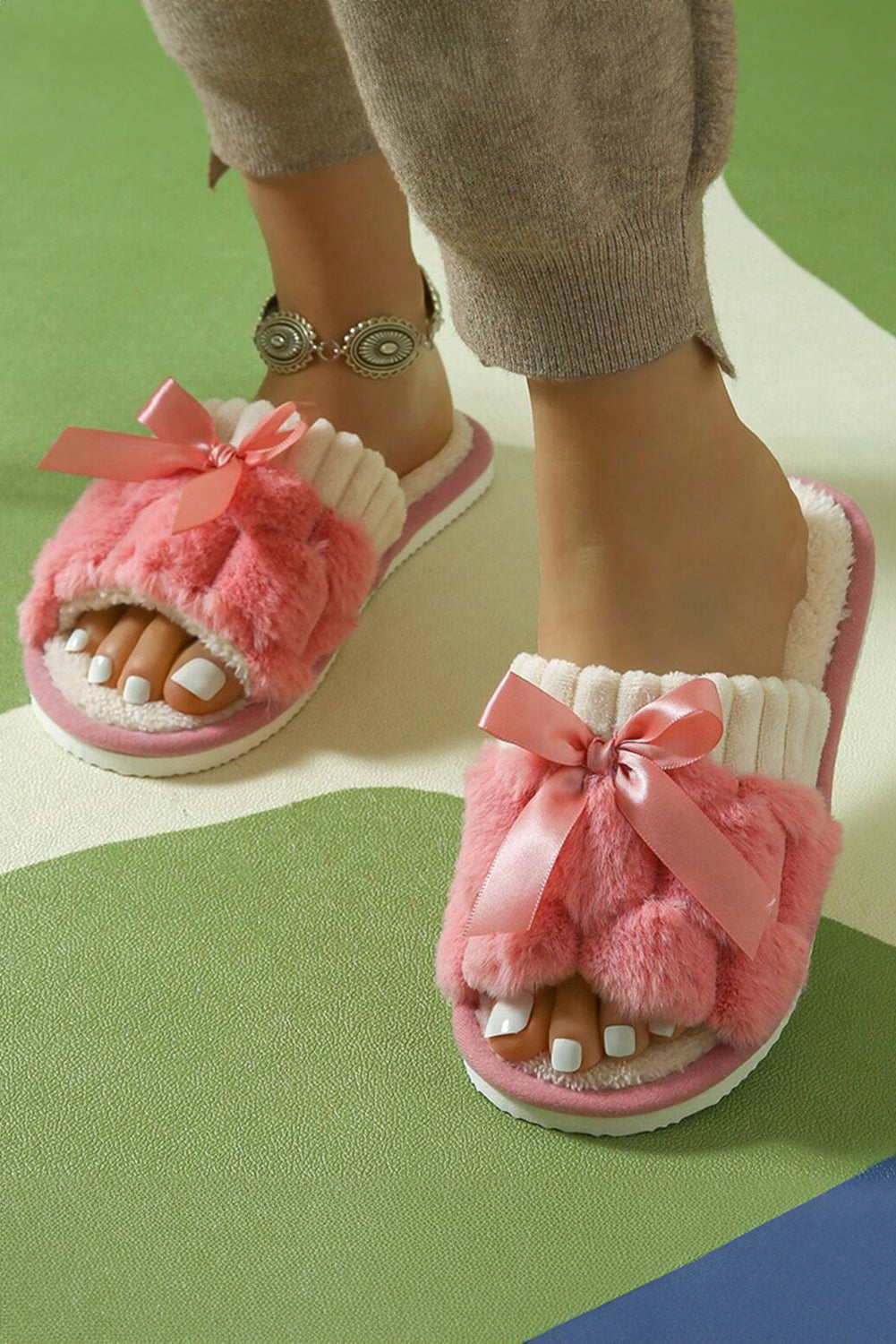 Peach Blossom Bow Knot Decor Open Toe Plush Slippers Slippers JT's Designer Fashion