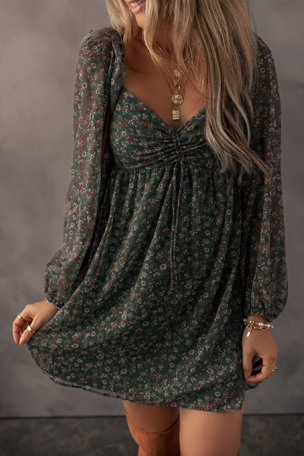 Green Floral Print Sweetheart Neck Shirred Back Mini Dress Floral Dresses JT's Designer Fashion