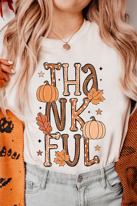 White THANKFUL Pumpkin Leaves Graphic Crewneck Thanksgiving T Shirt Graphic Tees JT's Designer Fashion