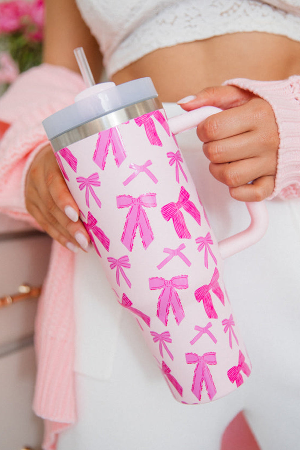 Pink Cute Bowknot Printed Tumbler with Handle 40oz Tumblers JT's Designer Fashion