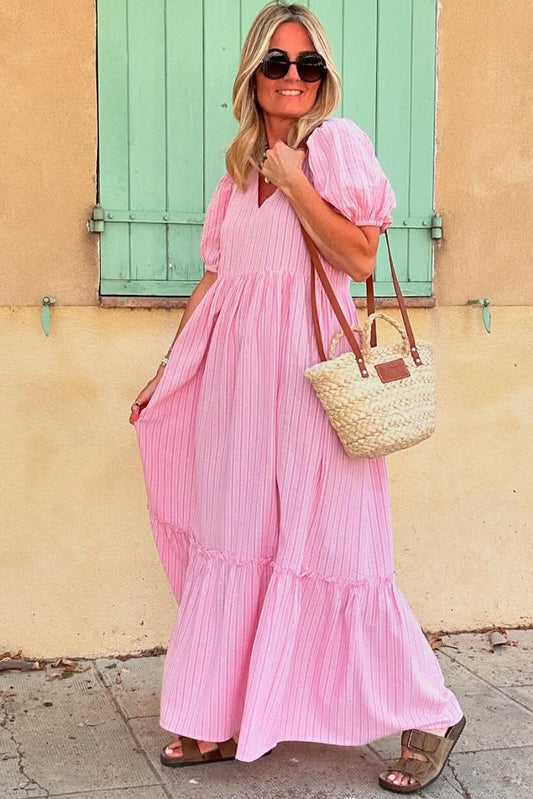 Pink Stripe V Neck Puff Short Sleeve Maxi Dress Maxi Dresses JT's Designer Fashion
