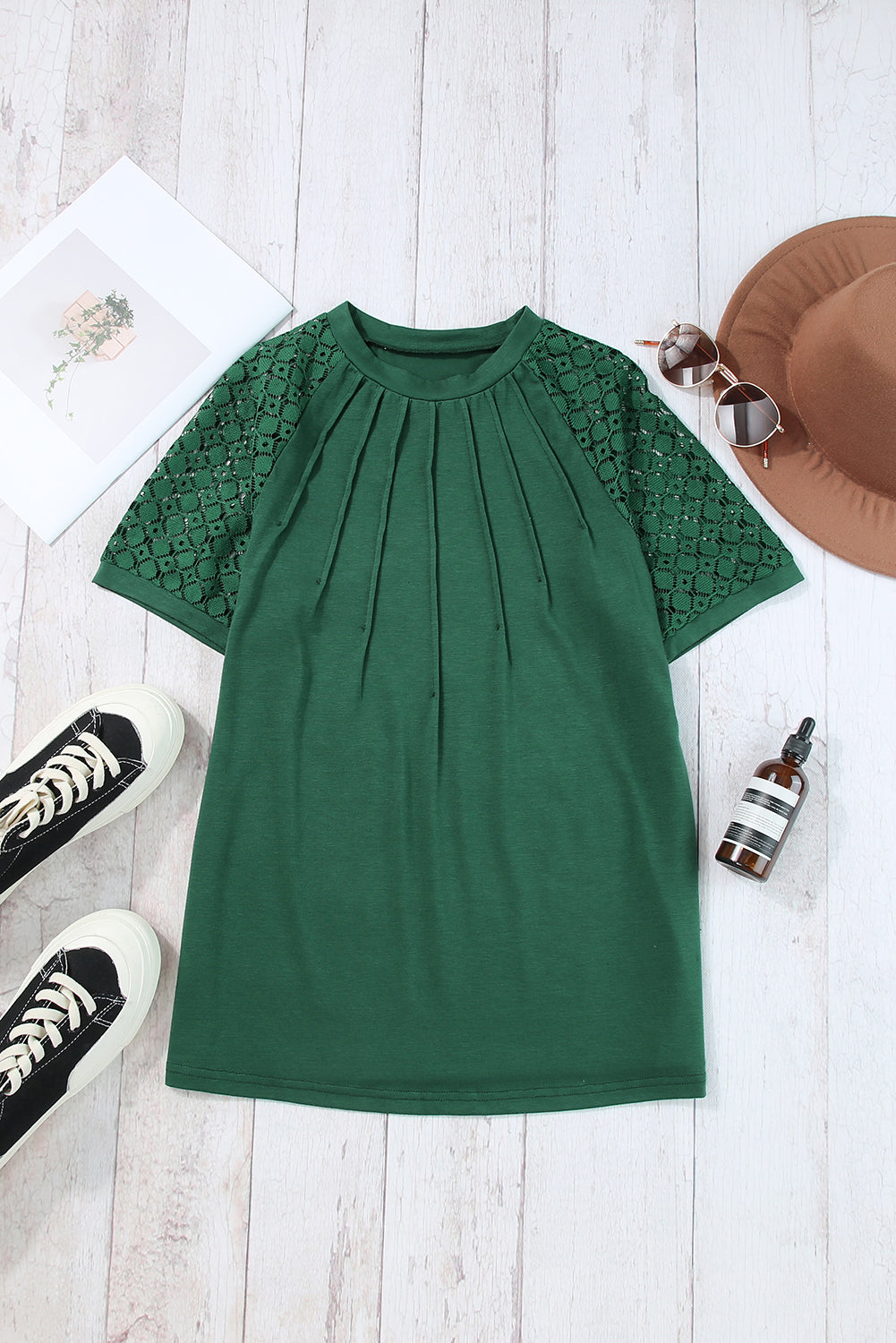 Blackish Green Seamed Detail Contrast Lace Raglan Sleeve Tee Pre Order Tops JT's Designer Fashion