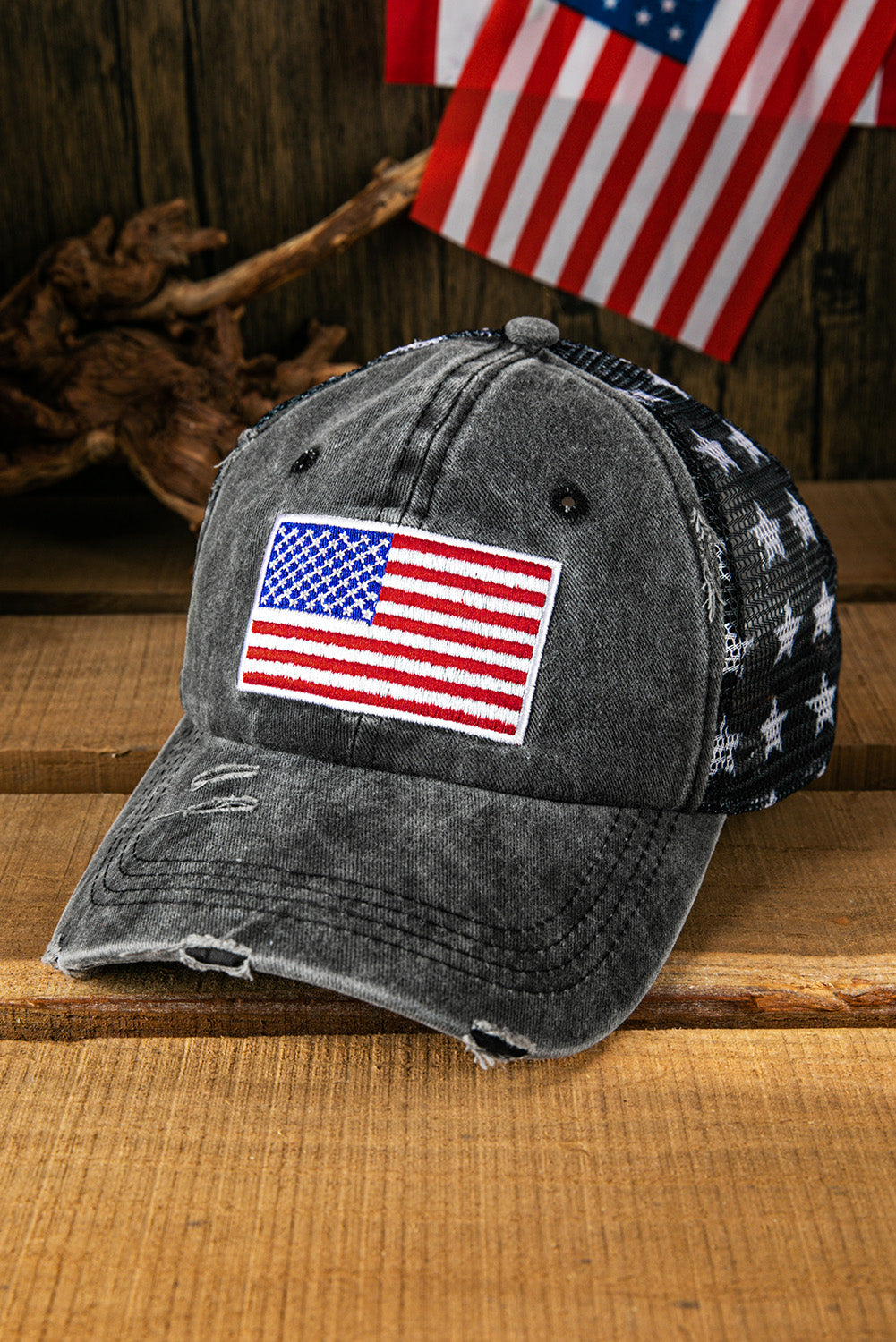 Black Star Print Mesh American Flag Embroidered Baseball Cap Hats & Caps JT's Designer Fashion