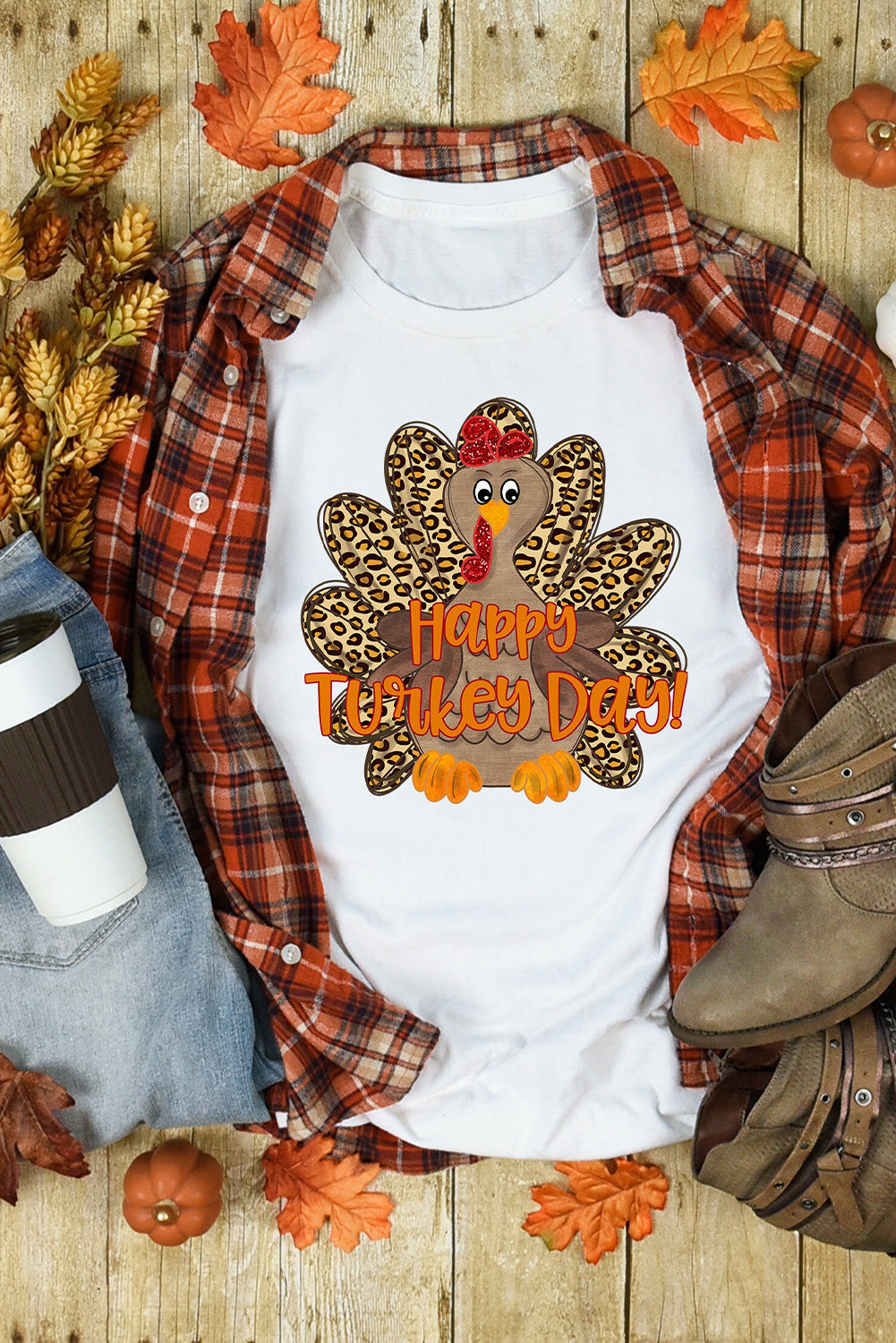 White Happy Turkey Day Leopard Print Crew Neck Loose T Shirt Graphic Tees JT's Designer Fashion