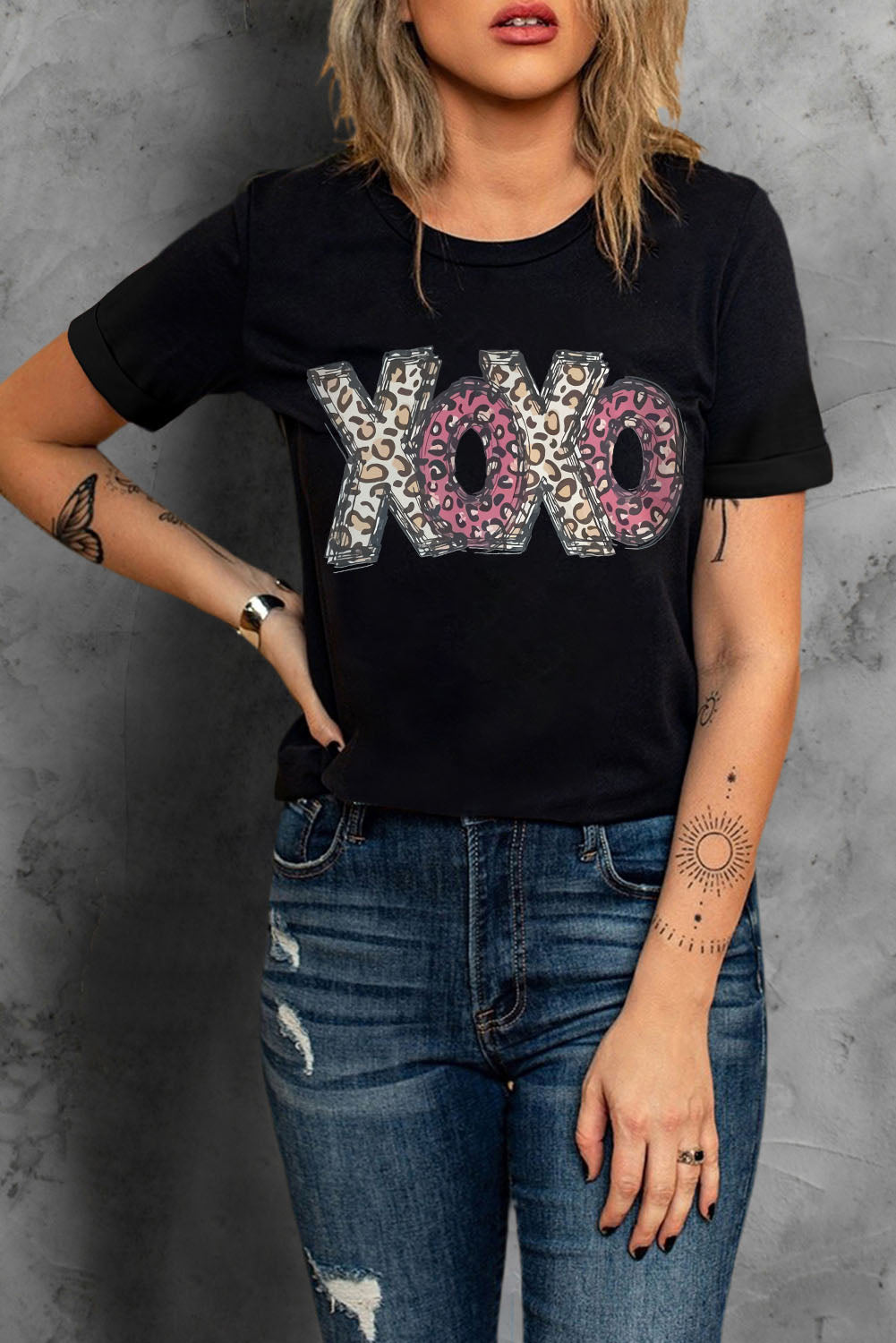 Black Leopard XOXO Print T Shirt Graphic Tees JT's Designer Fashion