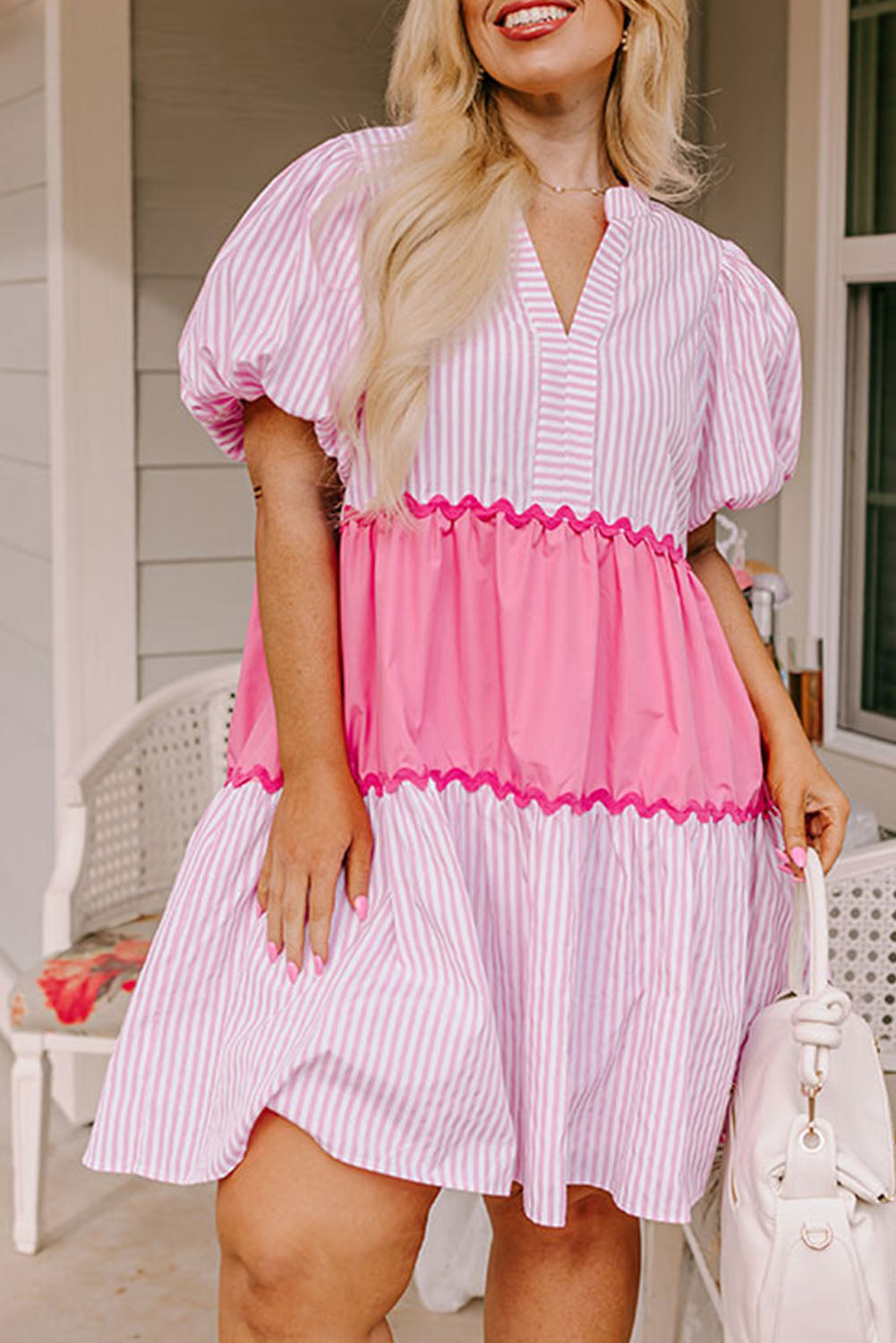 Pink Ricrac Block Accent Puff Short Sleeve Flowy Plus Dress Plus Size JT's Designer Fashion