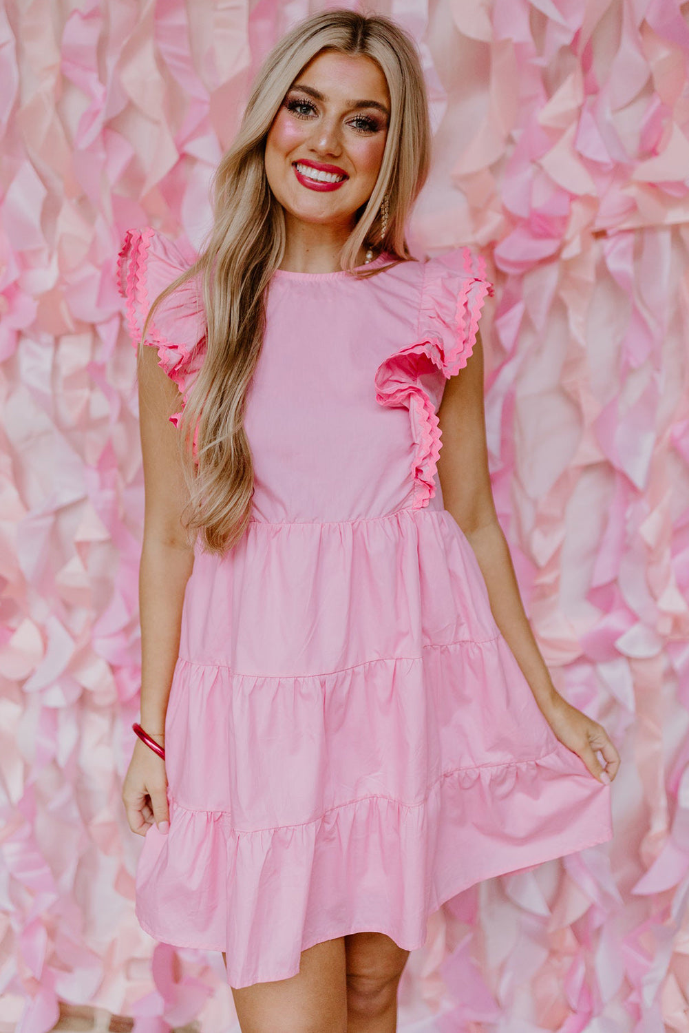 Pink Scalloped Flutter Sleeve Tiered Ruffled Mini Dress Dresses JT's Designer Fashion