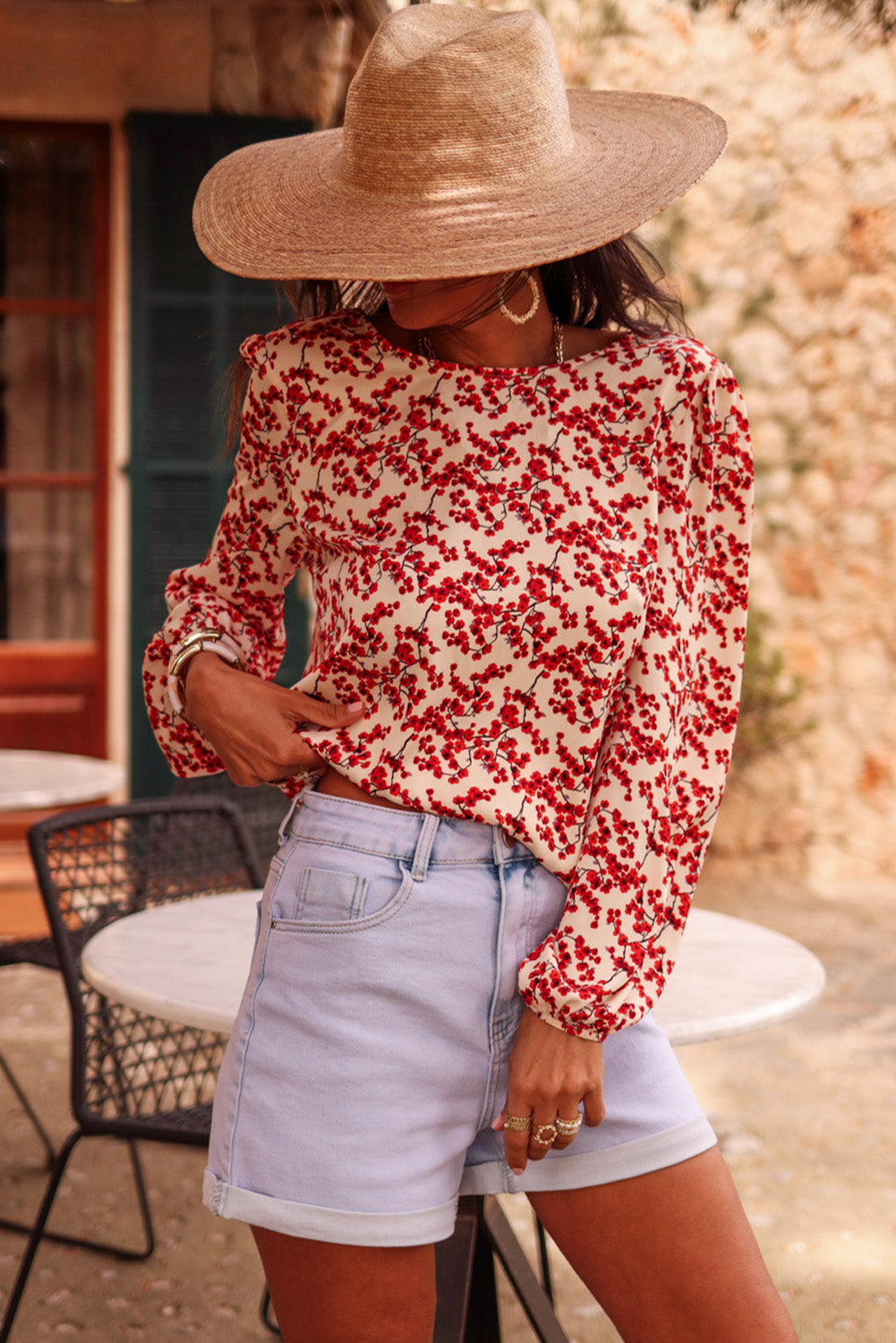 Red Floral Print Long Sleeve Open Back Blouse Blouses & Shirts JT's Designer Fashion