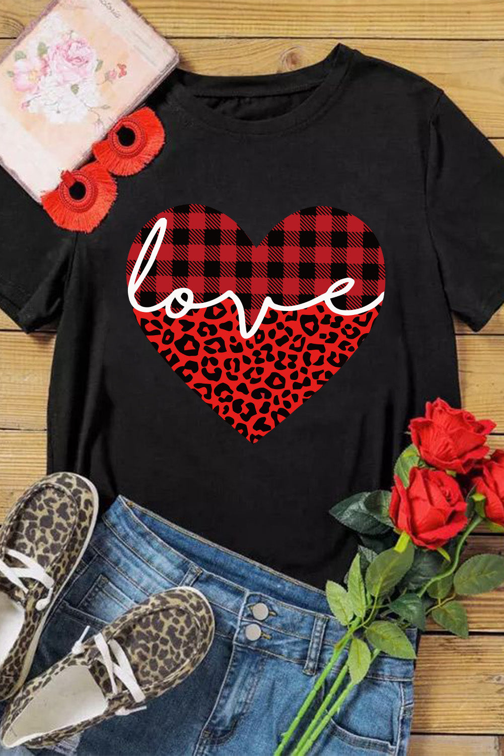 Black Love Leopard Plaid Heart Shaped Crewneck T Shirt Graphic Tees JT's Designer Fashion