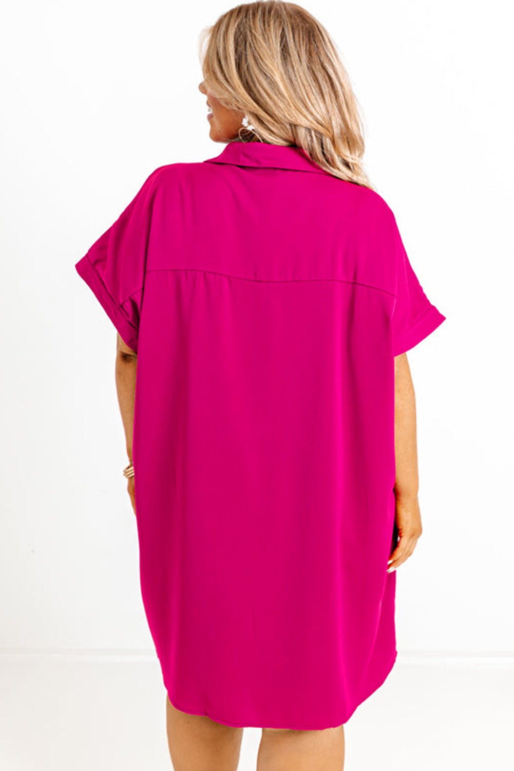 Bright Pink Collared V Neck Short Sleeve Shift Plus Size Dress Plus Size JT's Designer Fashion