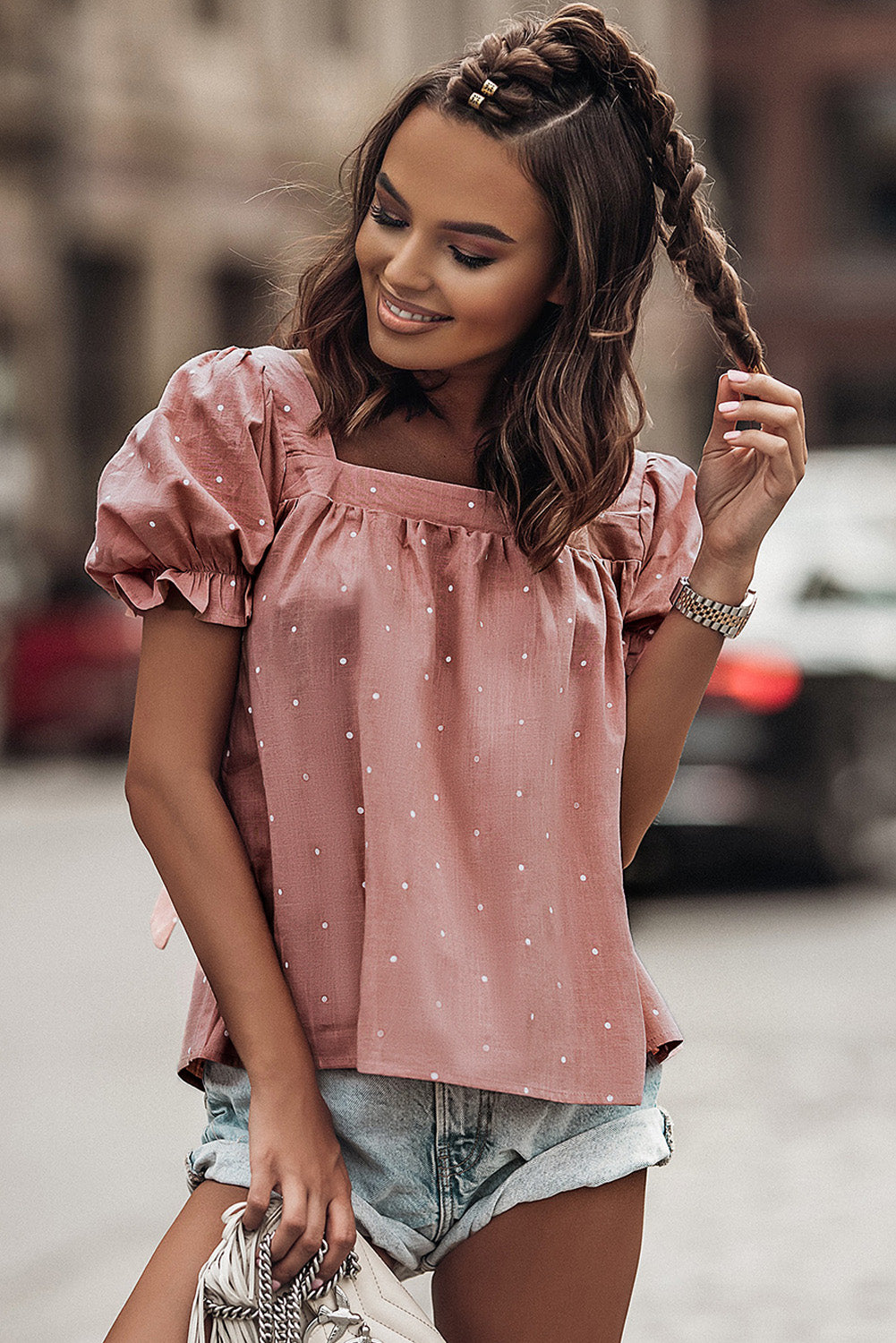 Pink Square Neck Dotted Print Puff Sleeve Blouse with Tie Back Blouses & Shirts JT's Designer Fashion