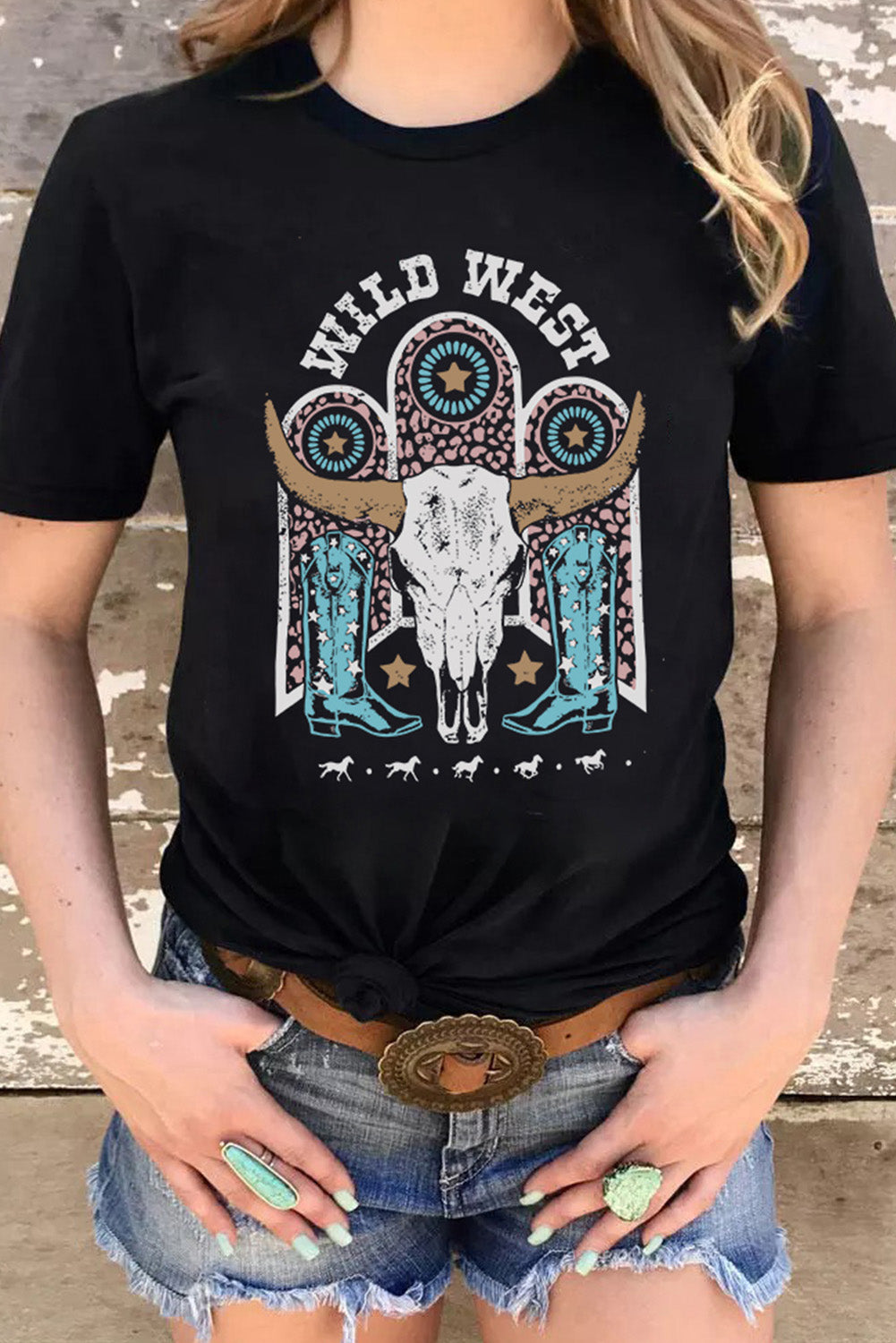 Black WILD WEST Steer Skull Graphic T Shirt Graphic Tees JT's Designer Fashion