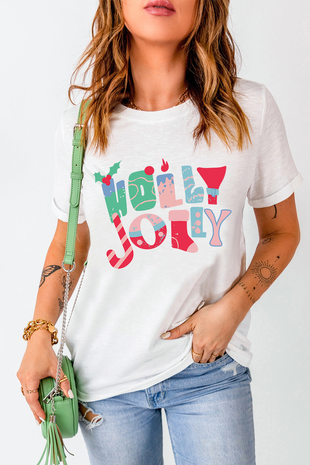 White HOLLY JOLLY Xmas Fashion Printed T-shirt Graphic Tees JT's Designer Fashion