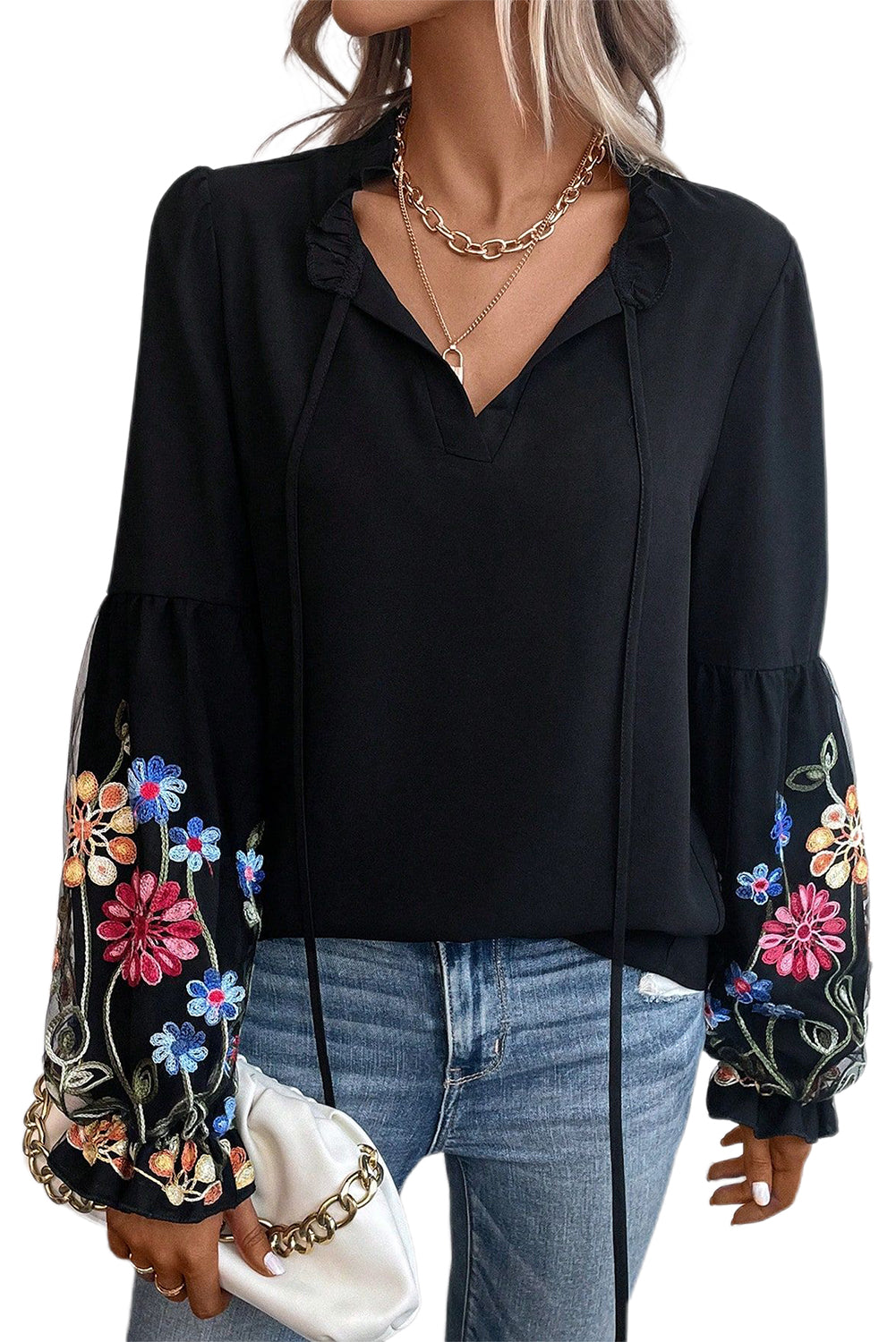 Black Floral Patched Flounce Sleeve Split Neck Blouse Blouses & Shirts JT's Designer Fashion