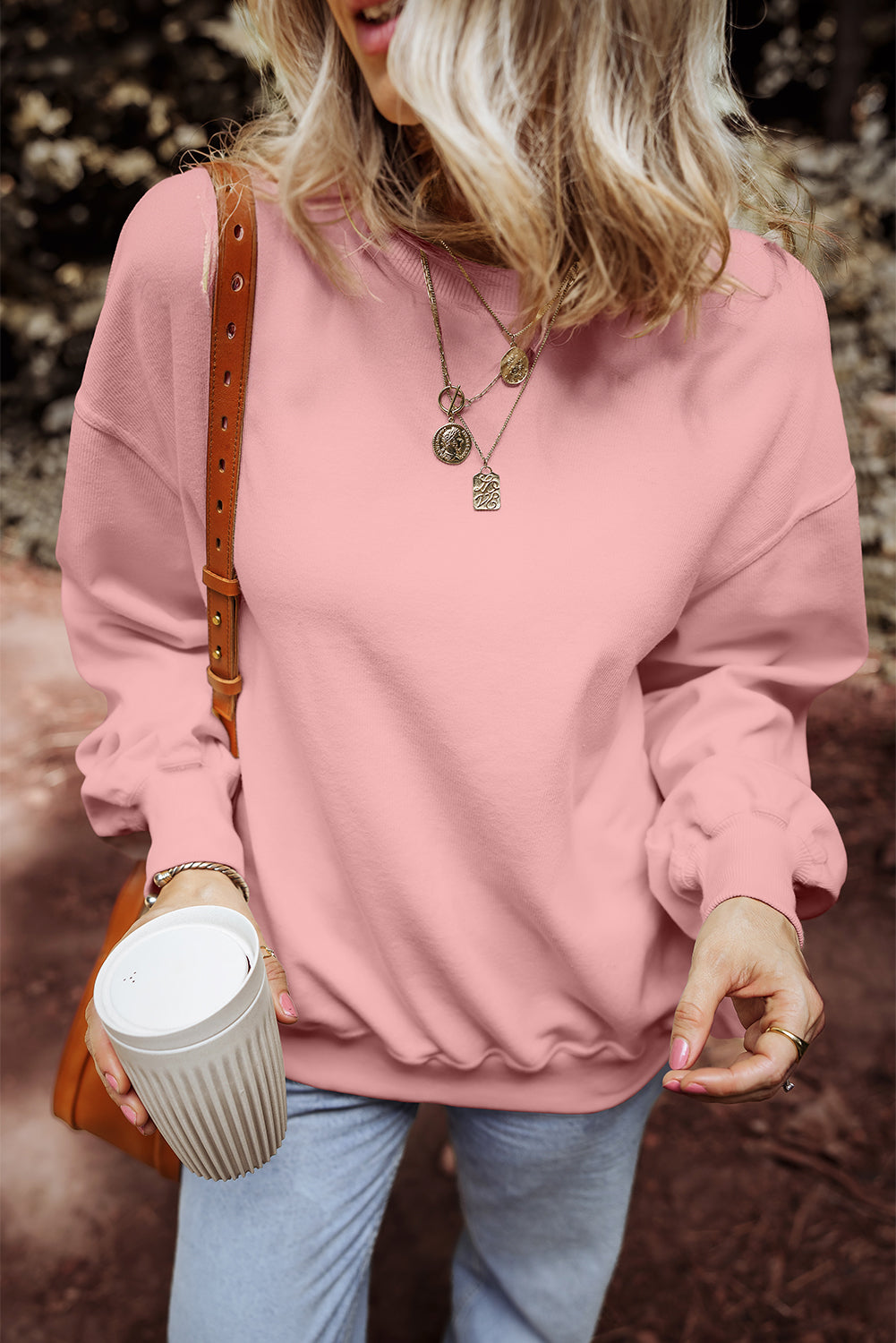 Pink Loose Drop Shoulder Ribbed Sweatshirt Sweatshirts & Hoodies JT's Designer Fashion