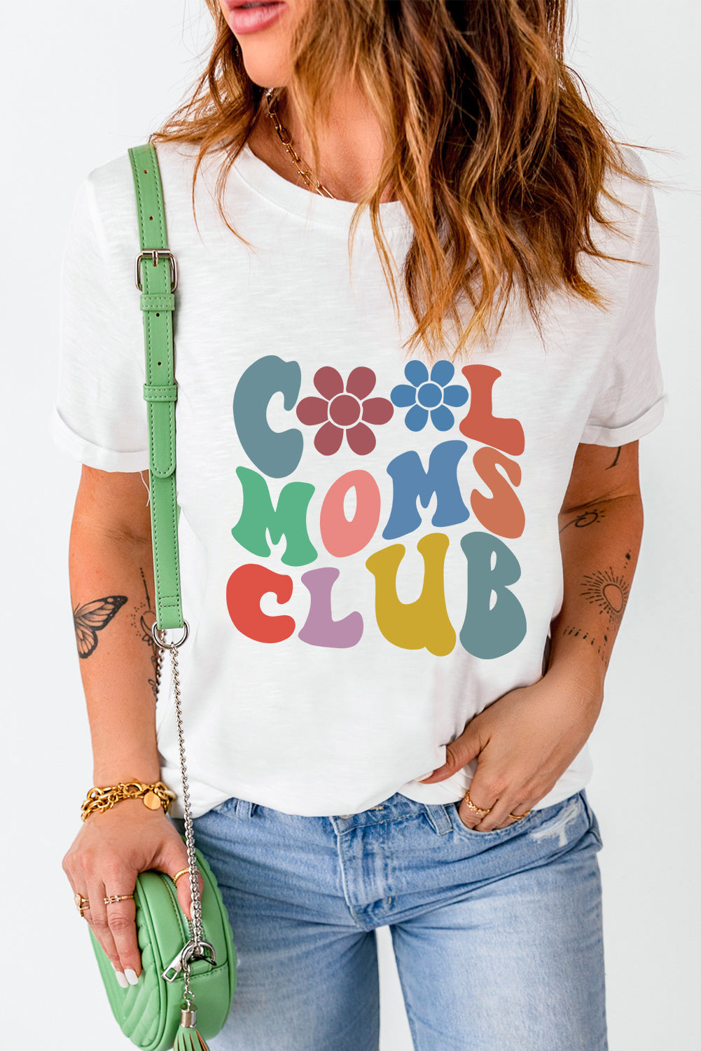 White COOL MOMS CLUB Flower Print Crew Neck T Shirt Graphic Tees JT's Designer Fashion