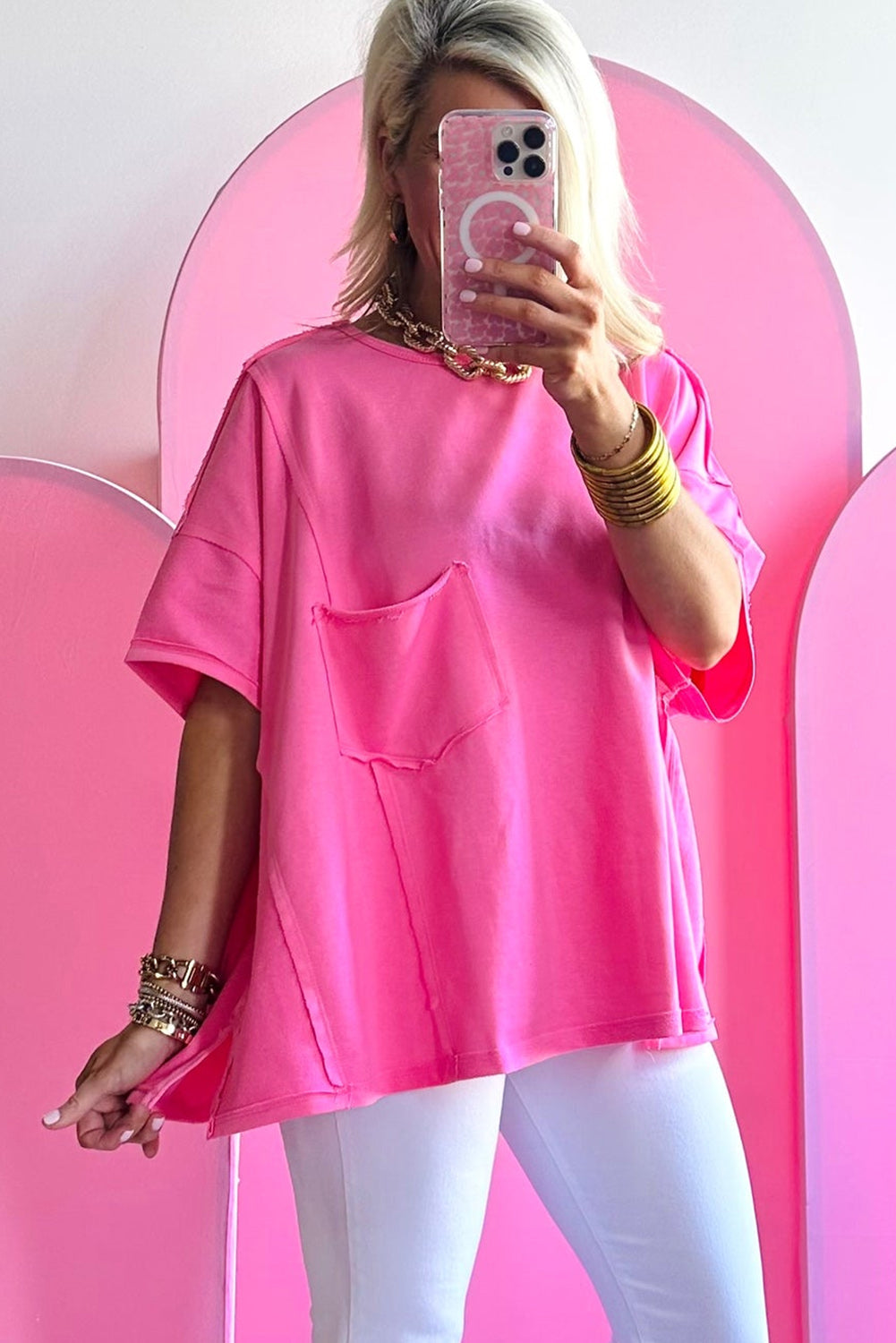 Bright Pink Patched Pocket Exposed Seam Oversize T-shirt Tops & Tees JT's Designer Fashion