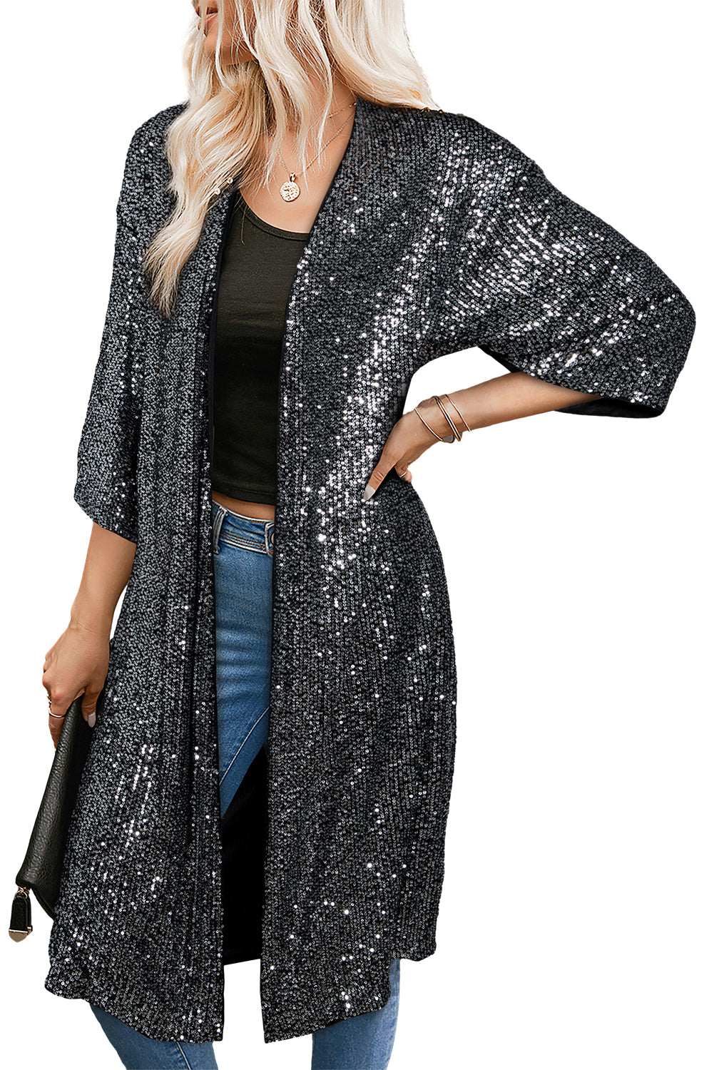 Silvery Sequin 3/4 Sleeve Kimono Kimonos JT's Designer Fashion