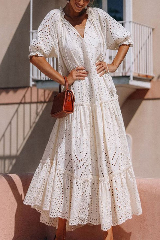 Tie Neck Half Sleeve Tiered Dress Ivory Maxi Dresses JT's Designer Fashion