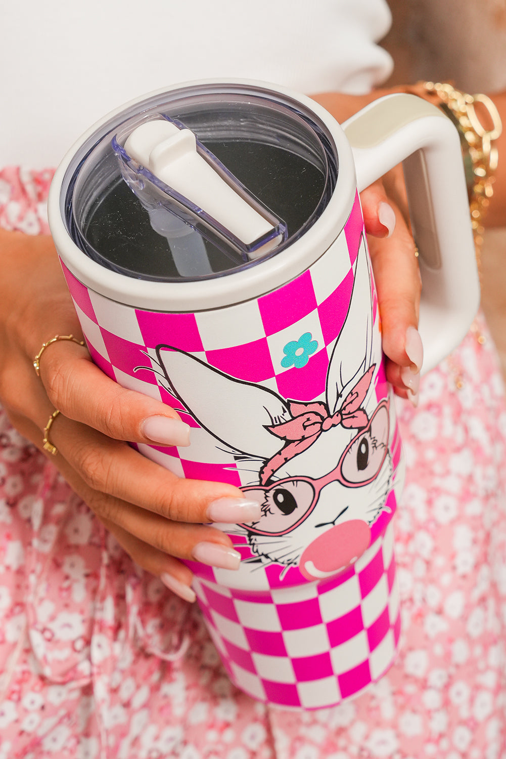 Rose Red Easter Rabbit Flower Checkered Print Large Tumbler 40oz Tumblers JT's Designer Fashion