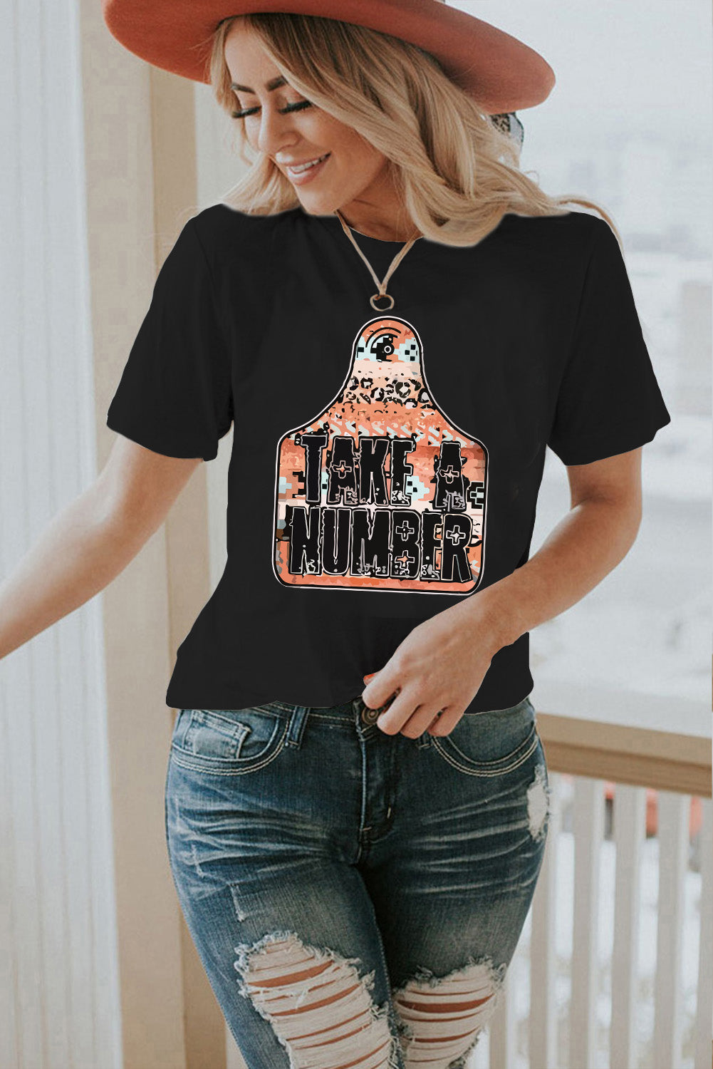 Black TAKE A NUMBER Graphic Crew Neck Tee Graphic Tees JT's Designer Fashion