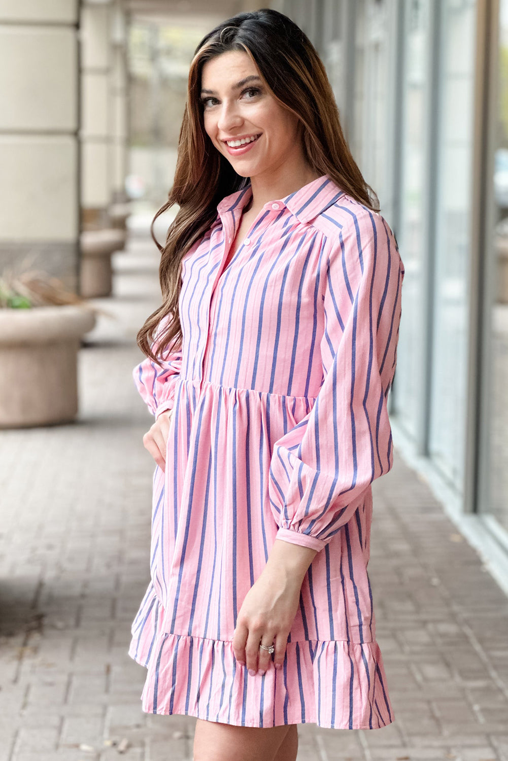 Pink Stripe Ruffled Hem Button-up Collared Shirt Mini Dress Mini Dresses JT's Designer Fashion