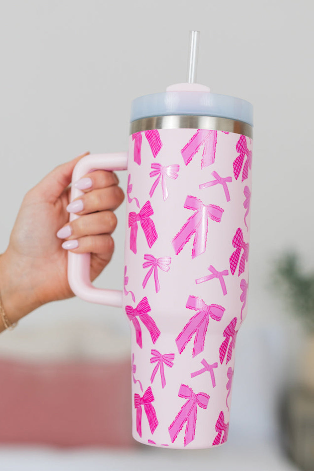 Pink Cute Bowknot Printed Tumbler with Handle 40oz Tumblers JT's Designer Fashion