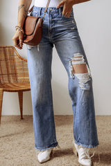 Ashleigh Blue Distressed Raw Hem Straight Leg High Waist Jeans Ashleigh Blue 71%Cotton+27.5%Polyester+1.5%Elastane Jeans JT's Designer Fashion