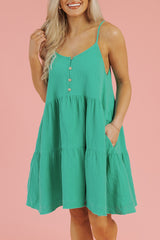 Sea Green Textured Buttoned Thin Strap Tiered Loose Fit Mini Dress Mini Dresses JT's Designer Fashion