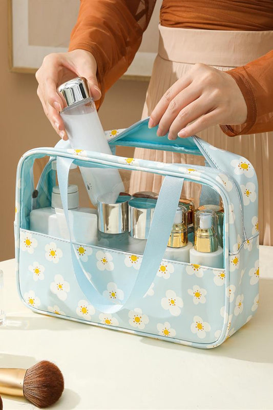 Mist Blue Half Floral Print Handle Strap Waterproof Makeup Bag Other Accessories JT's Designer Fashion