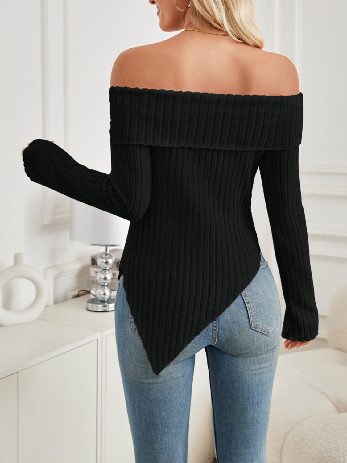 Asymmetrical Hem Off-Shoulder Long Sleeve T-Shirt Long Sleeve Tops JT's Designer Fashion