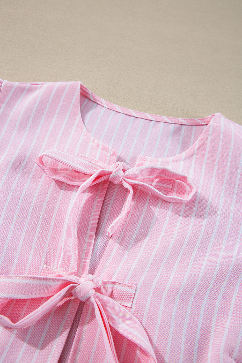 Pink Stripe Bowknot Front Crew Neck Puff Sleeve Blouse Blouses & Shirts JT's Designer Fashion