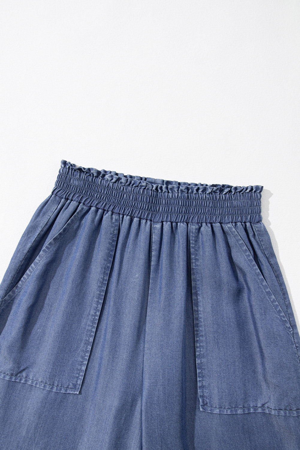 Sky Blue Side Pockets Frilled Smocked High Waist Wide Leg Jeans Bottoms JT's Designer Fashion