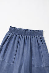 Sky Blue Side Pockets Frilled Smocked High Waist Wide Leg Jeans Bottoms JT's Designer Fashion