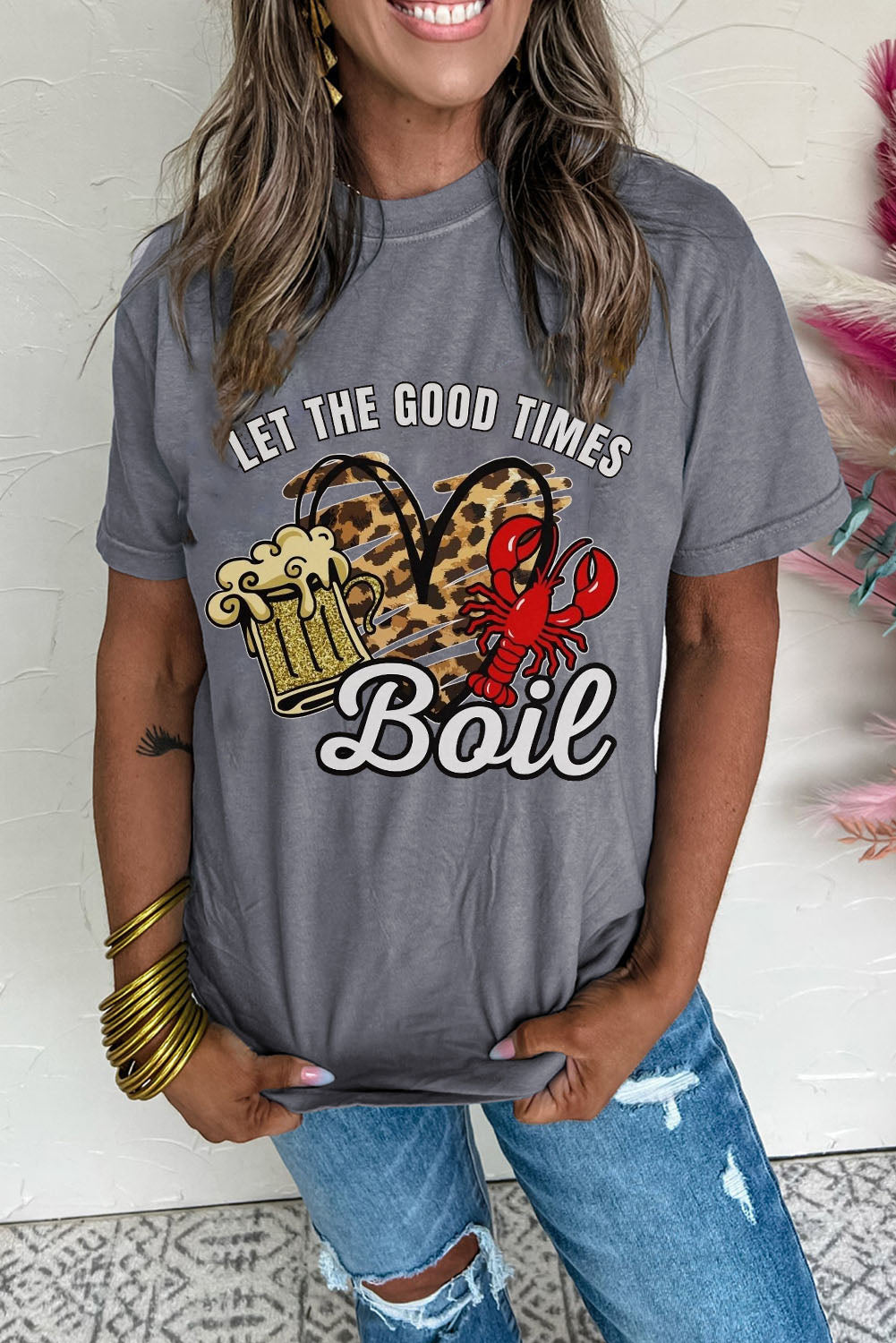 Gray Let The Good Times Boil Crawfish Leopard Heart Graphic Tee Graphic Tees JT's Designer Fashion