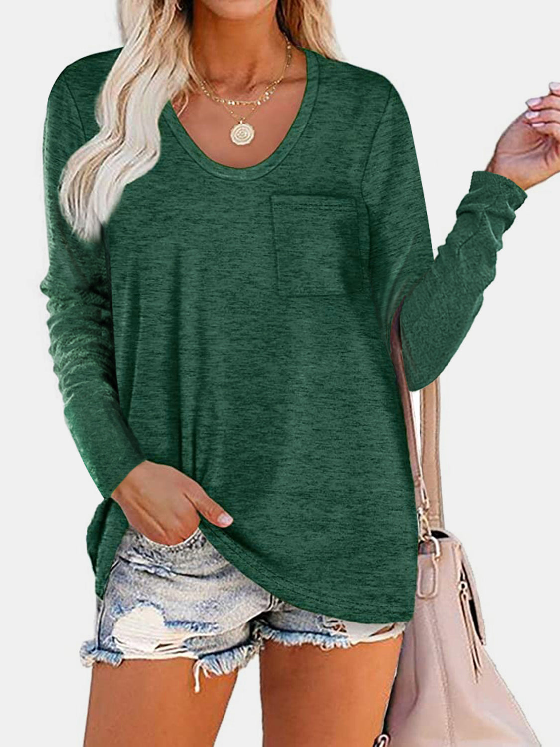 Round Neck Long Sleeve T-Shirt Dark Green Long Sleeve Tops JT's Designer Fashion