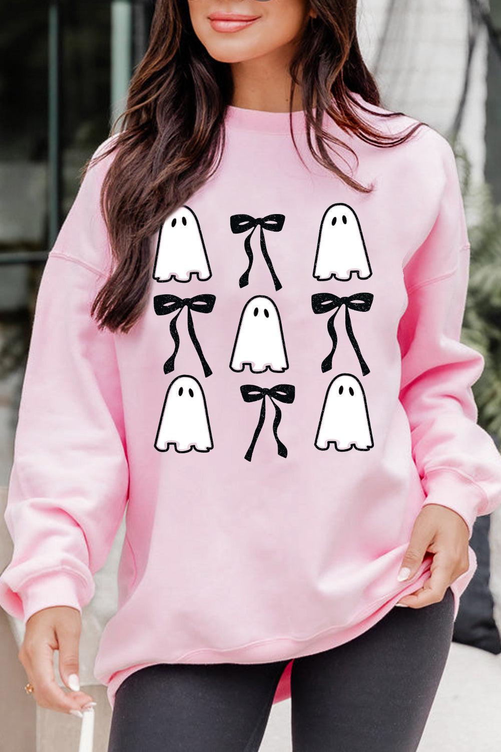 Pink Ghost Bowknot Printed Drop Shoulder Halloween Sweatshirt Pink 50%Polyester+50%Cotton Graphic Sweatshirts JT's Designer Fashion