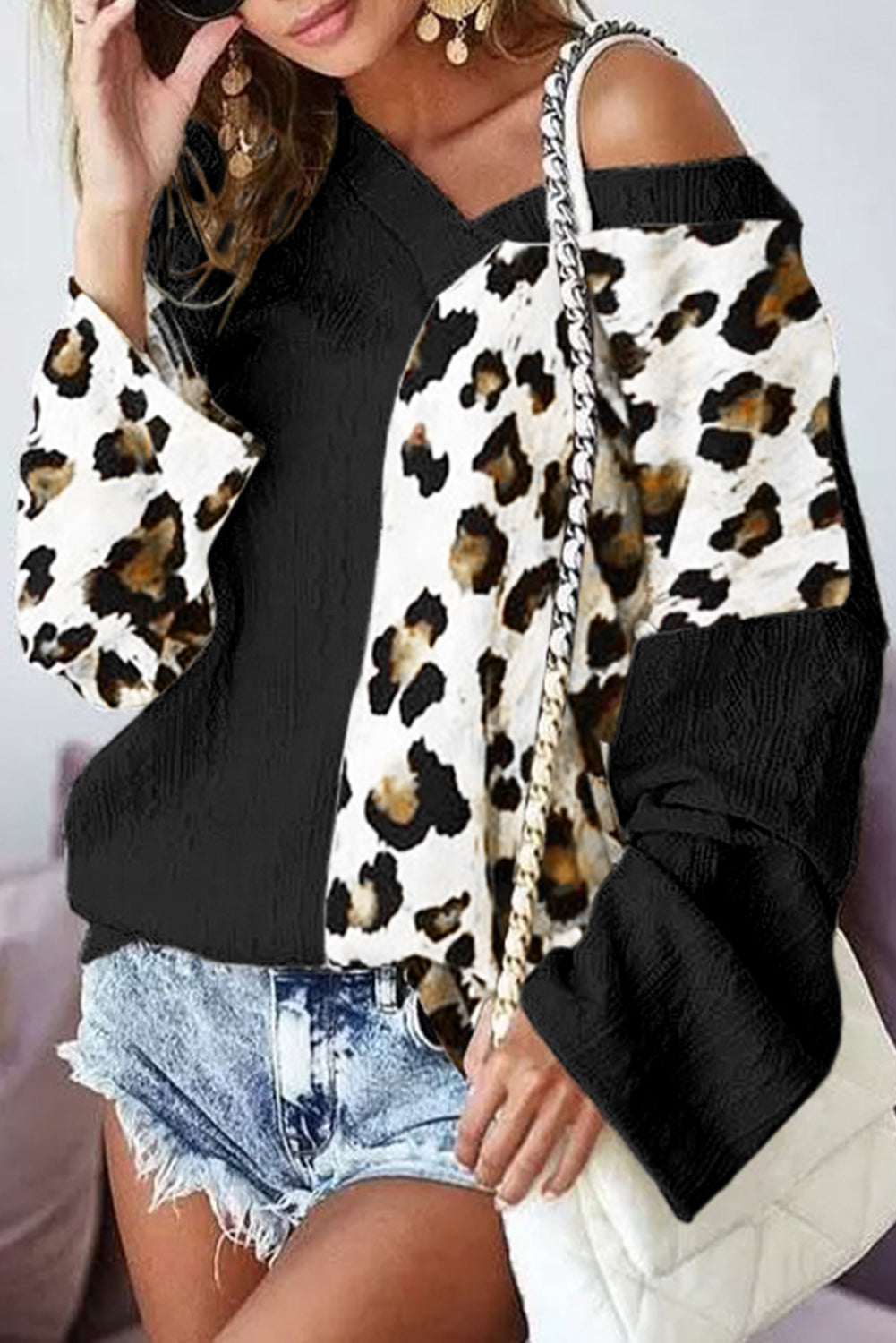 Black Asymmetric Leopard Patchwork Wide Sleeve V Neck Sweater Sweaters & Cardigans JT's Designer Fashion