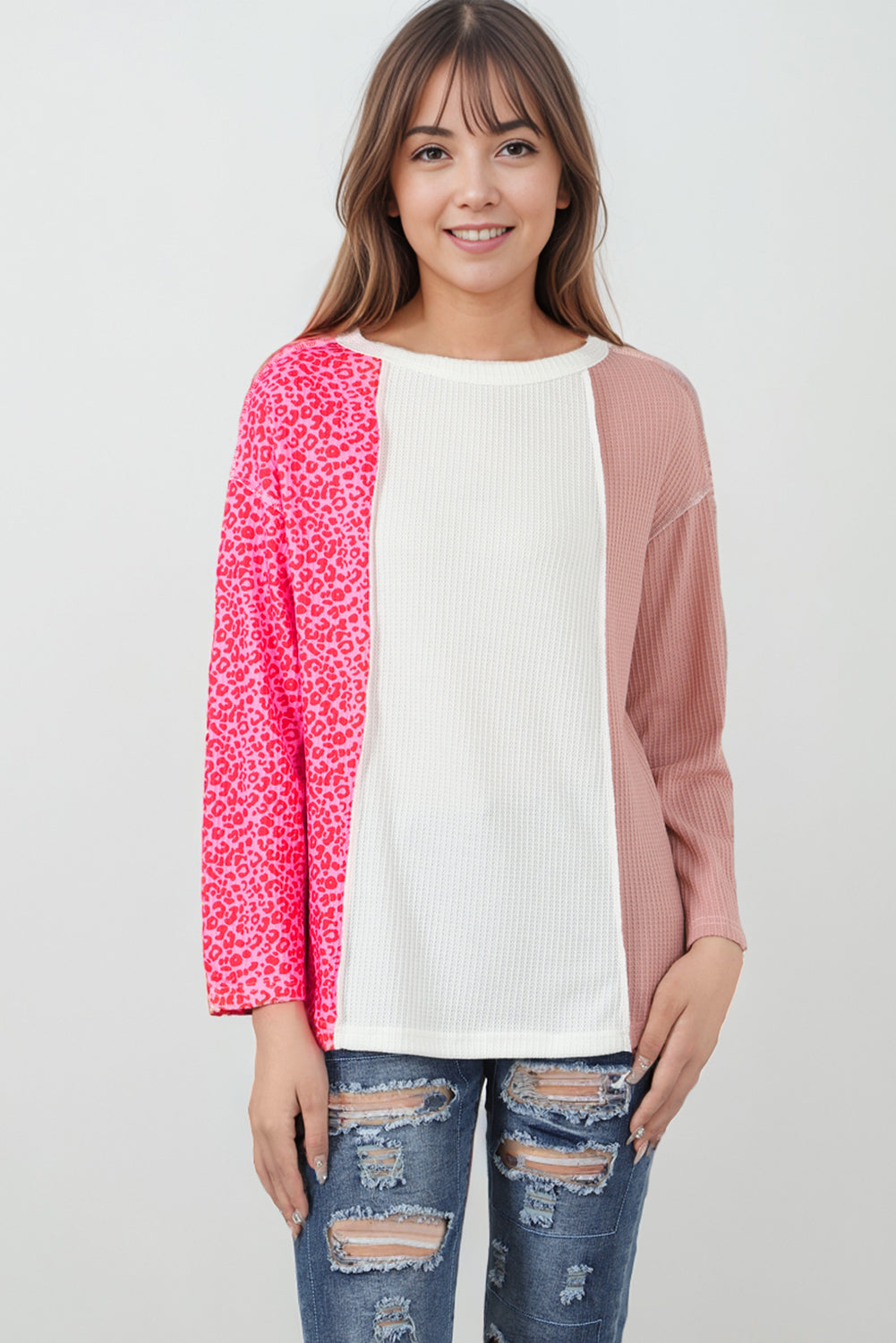 Pink Waffle Knit Exposed Seam Leopard Colorblock Print Top Long Sleeve Tops JT's Designer Fashion