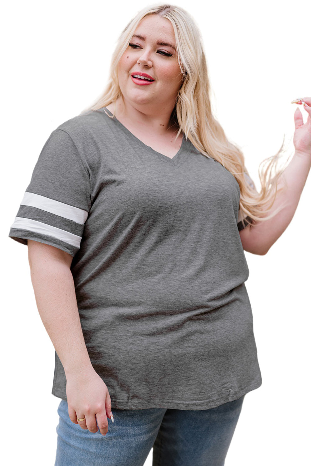 Gray Plus Size Stripes Stitching Sleeve V Neck T-shirt Plus Size JT's Designer Fashion