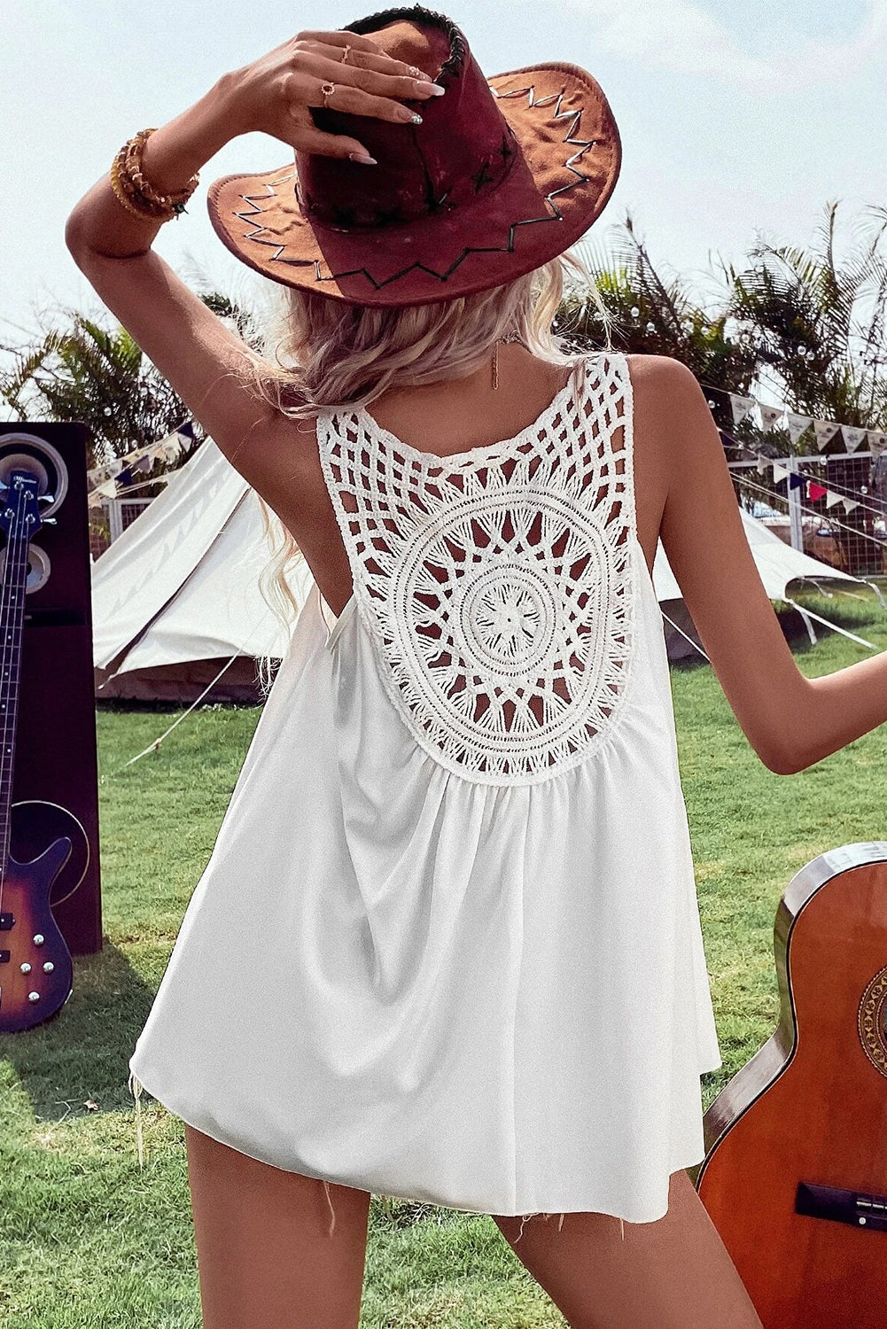 White Bohemian Crochet Patchwork Sleeveless Tunic Tank Tops JT's Designer Fashion