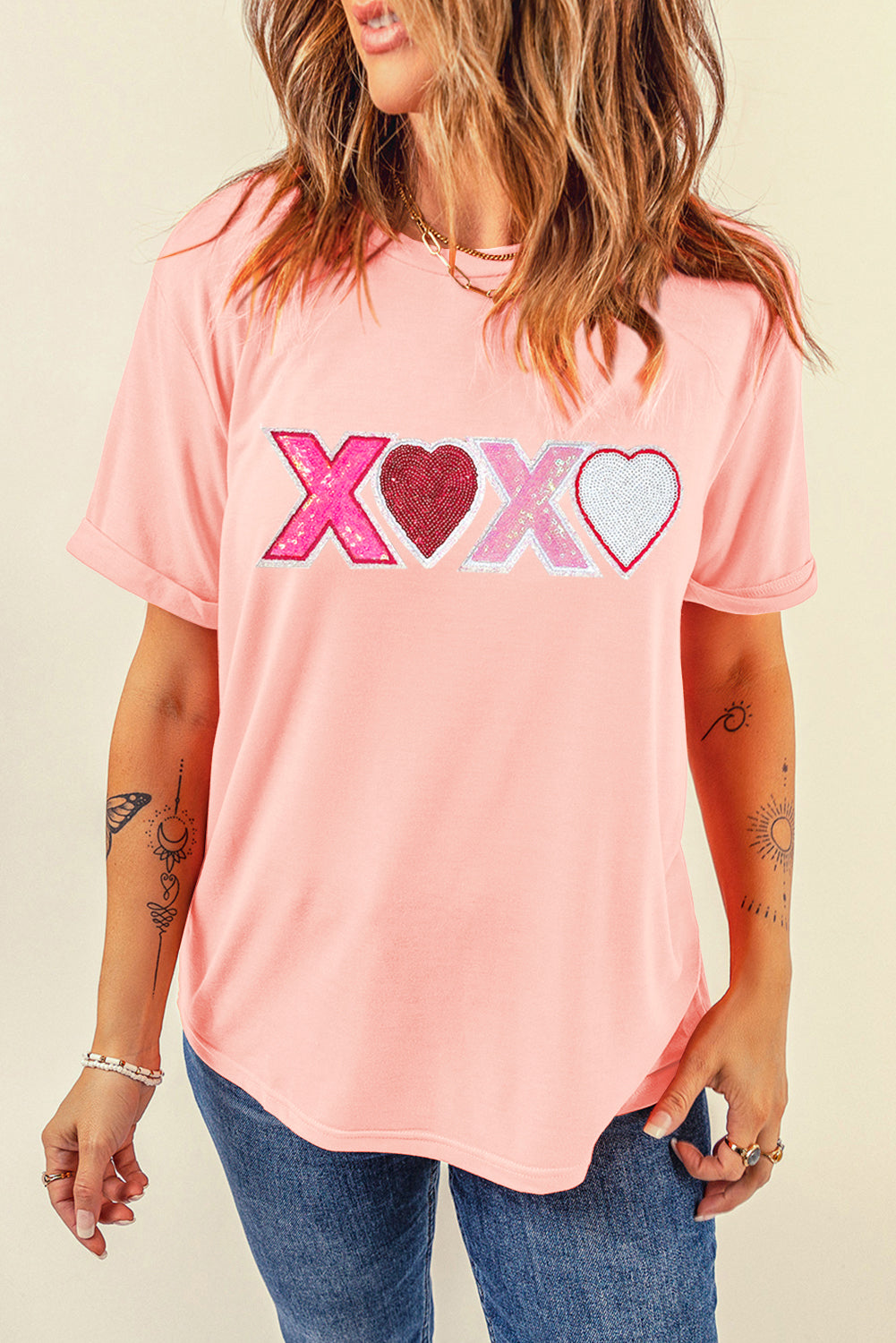 Pink Sequin Heart XOXO Patched Graphic Valentines T Shirt Graphic Tees JT's Designer Fashion