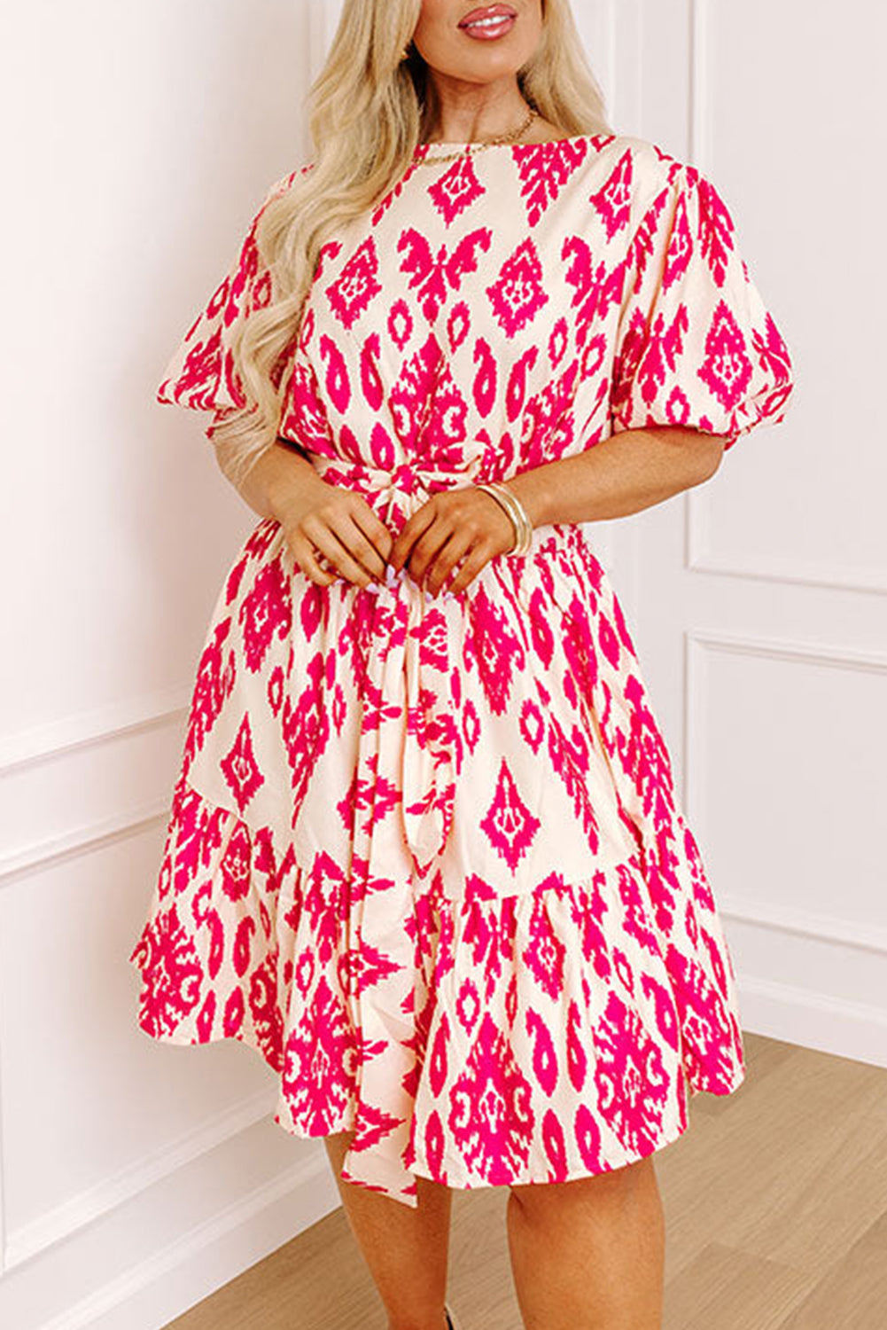 Pink Printed Plus Size Button Keyhole Belted Ruffle Dress Plus Size JT's Designer Fashion