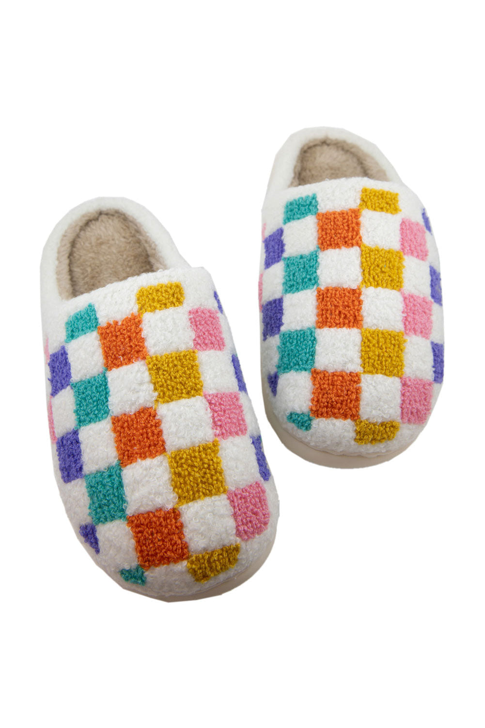 White Vibrant Checkered Plush Thermal Slippers Slippers JT's Designer Fashion