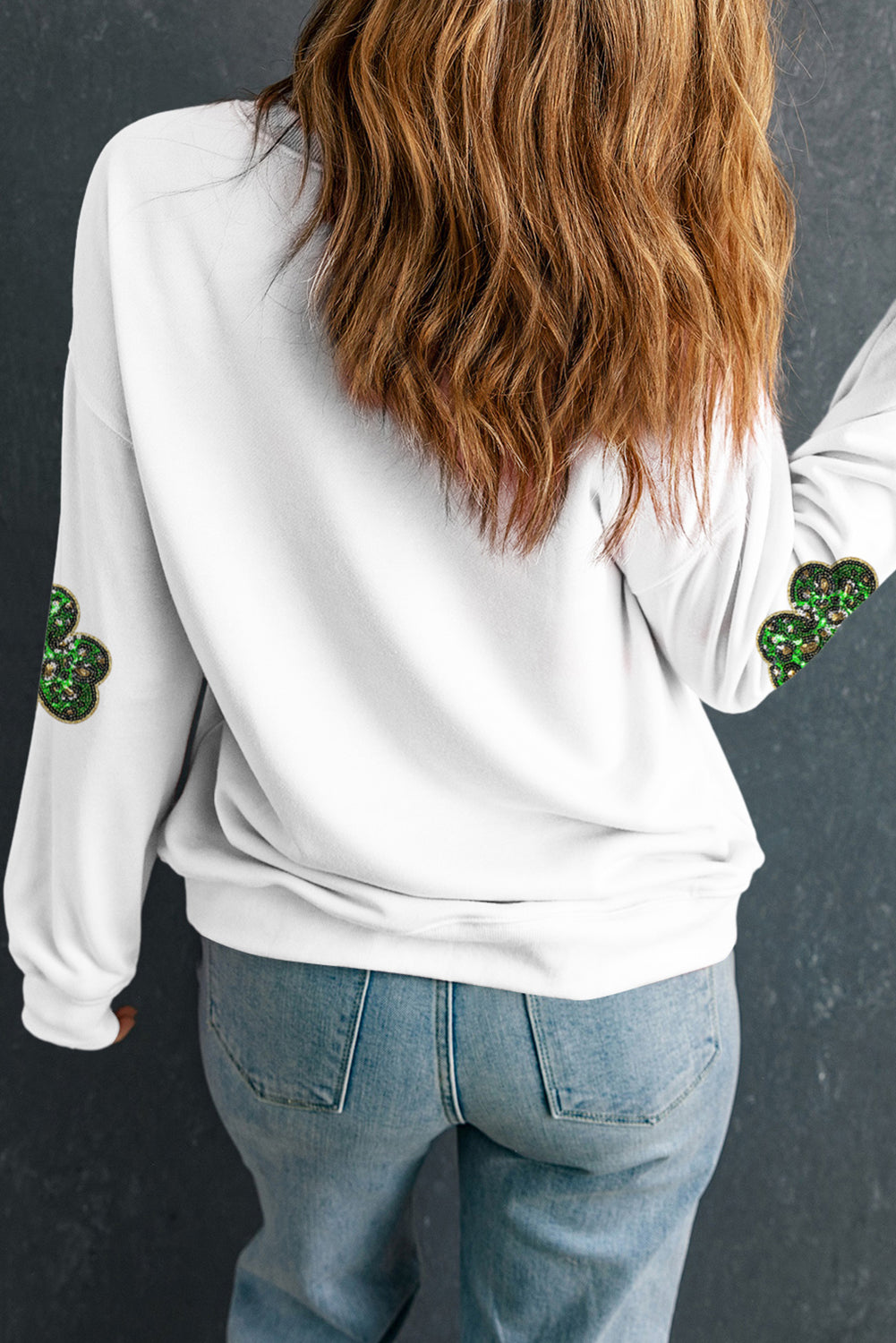 White Sequin Clover Patched Pattern St Patrick Pullover Sweatshirt Graphic Sweatshirts JT's Designer Fashion