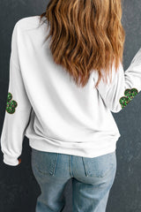 White Sequin Clover Patched Pattern St Patrick Pullover Sweatshirt Graphic Sweatshirts JT's Designer Fashion