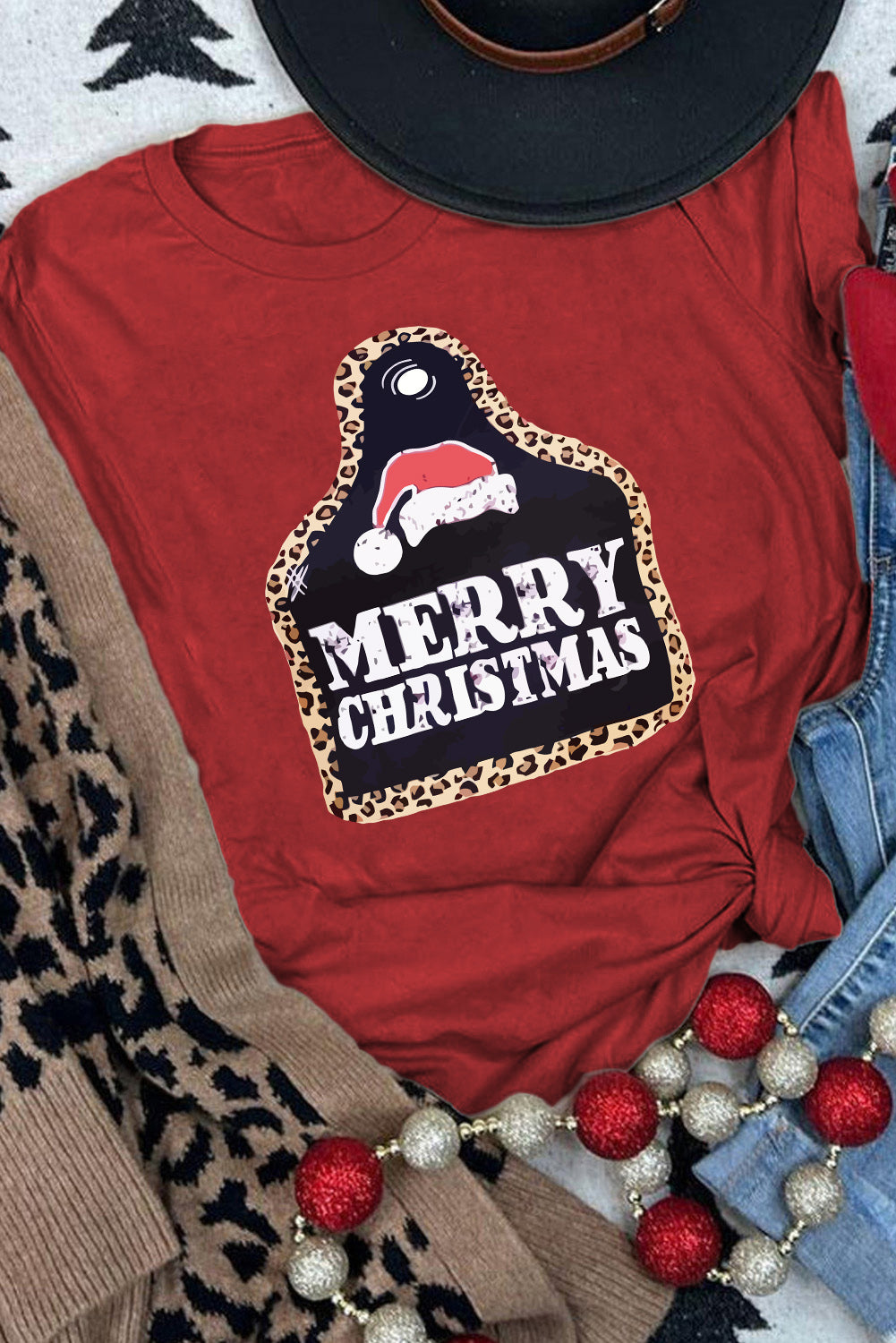 Fiery Red MERRY CHRISTMAS Leopard Frame Graphic Tee Graphic Tees JT's Designer Fashion