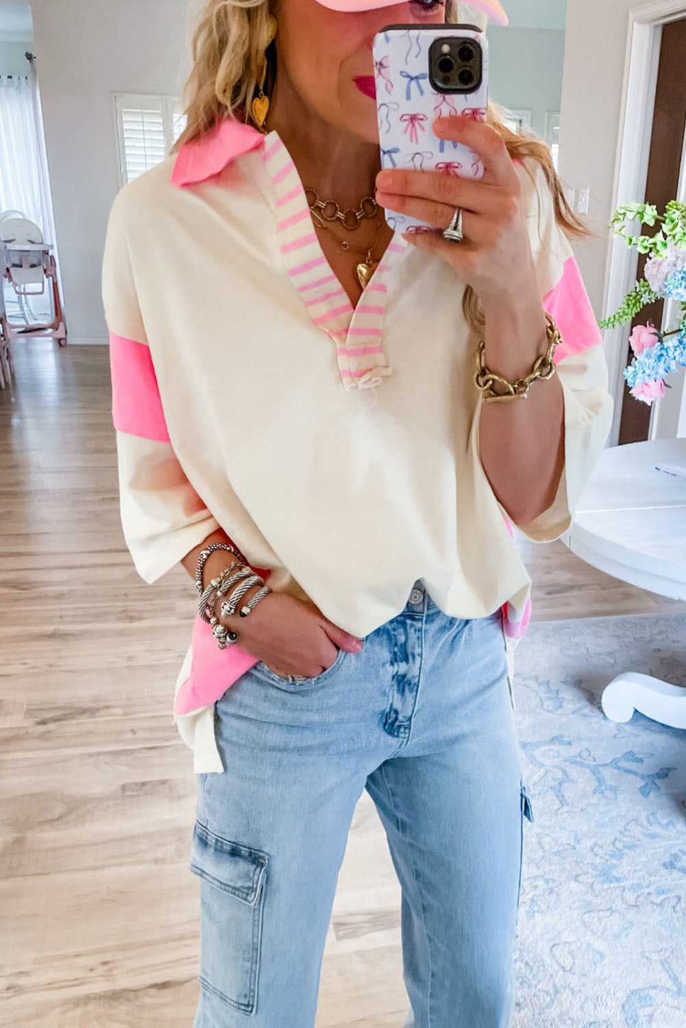 Pink Stripe Striped Color Block Loose Collared Half Sleeve Top Tops & Tees JT's Designer Fashion